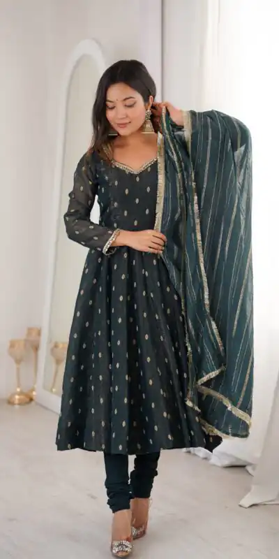 ZF 5021 Teal in Crunchy Silk Embroidery Work & Lace Work Gown . Special Price ₹2099. Delivery 4-6 Working Days. Shop now. | Bollywood Gowns, Creative Gowns, Designer Gowns, Embroidered Gowns, Gowns, Party Wear Gowns