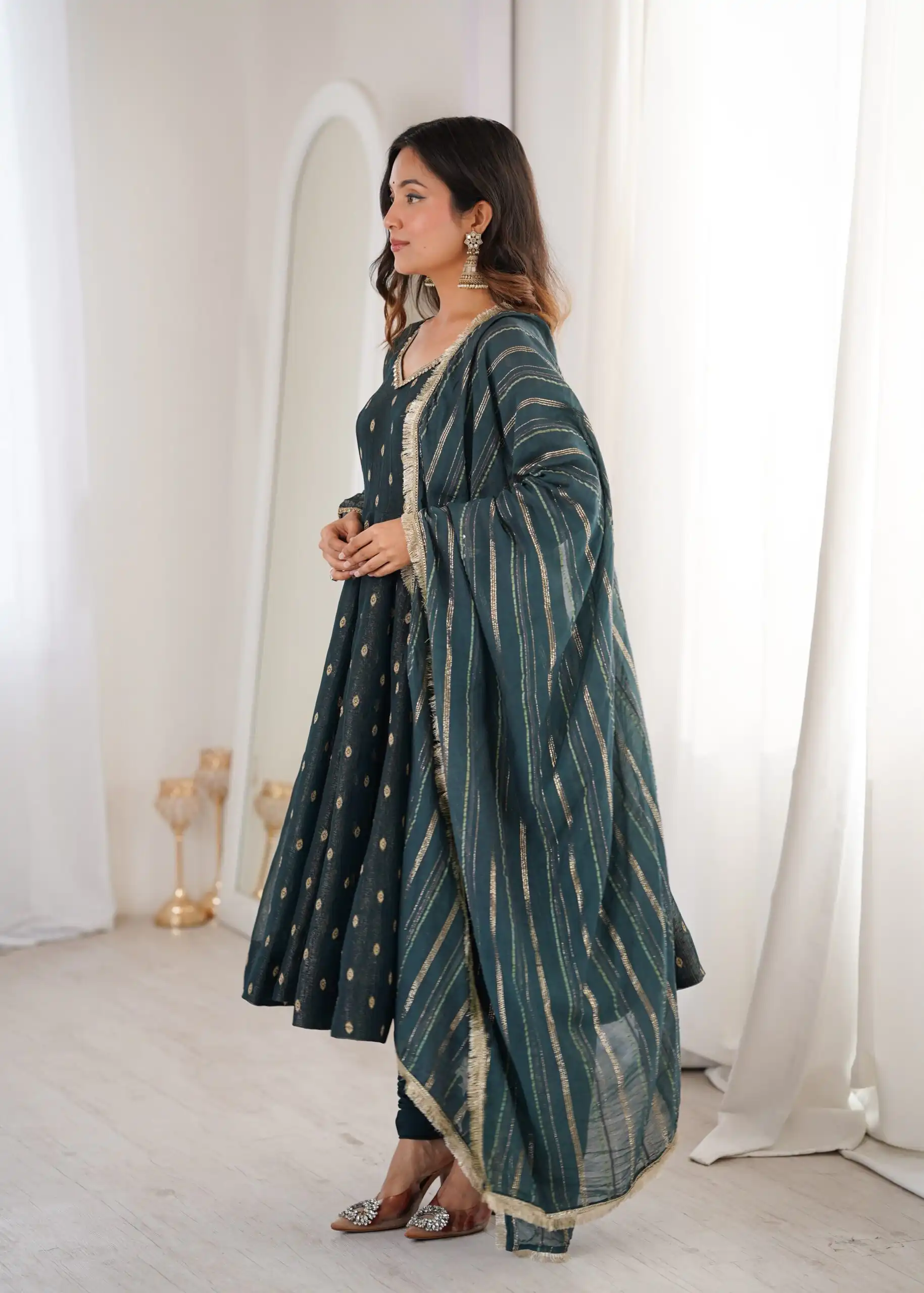 ZF 5021 Teal in Crunchy Silk Embroidery Work & Lace Work Gown . Special Price ₹2099. Delivery 4-6 Working Days. Shop now. | Bollywood Gowns, Creative Gowns, Designer Gowns, Embroidered Gowns, Gowns, Party Wear Gowns