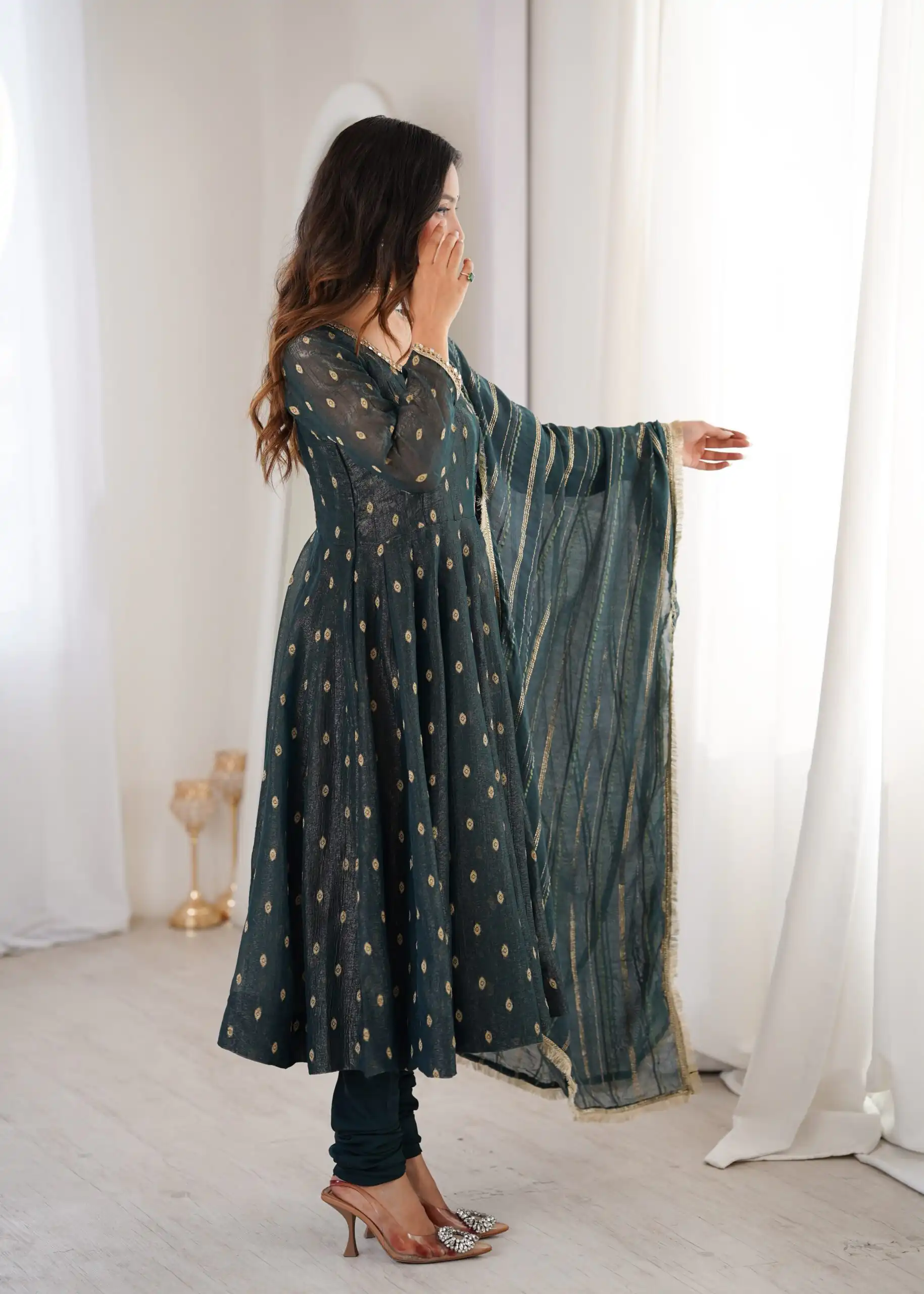 ZF 5021 Teal in Crunchy Silk Embroidery Work & Lace Work Gown . Special Price ₹2099. Delivery 4-6 Working Days. Shop now. | Bollywood Gowns, Creative Gowns, Designer Gowns, Embroidered Gowns, Gowns, Party Wear Gowns