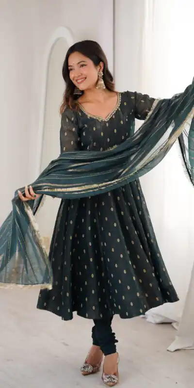 ZF 5021 Teal in Crunchy Silk Embroidery Work & Lace Work Gown . Special Price ₹2099. Delivery 4-6 Working Days. Shop now. | Bollywood Gowns, Creative Gowns, Designer Gowns, Embroidered Gowns, Gowns, Party Wear Gowns