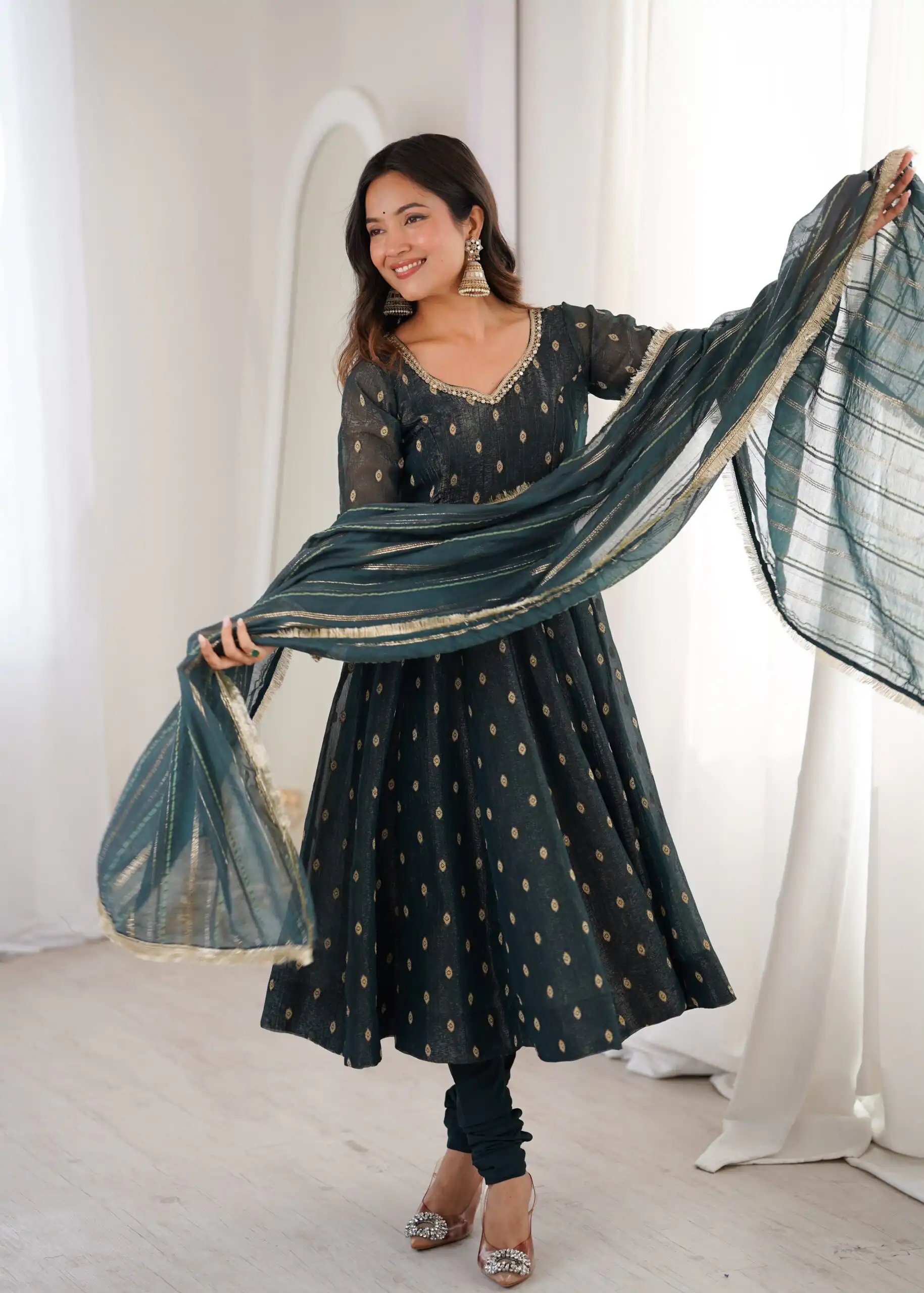 ZF 5021 Teal in Crunchy Silk Embroidery Work & Lace Work Gown . Special Price ₹2099. Delivery 4-6 Working Days. Shop now. | Bollywood Gowns, Creative Gowns, Designer Gowns, Embroidered Gowns, Gowns, Party Wear Gowns