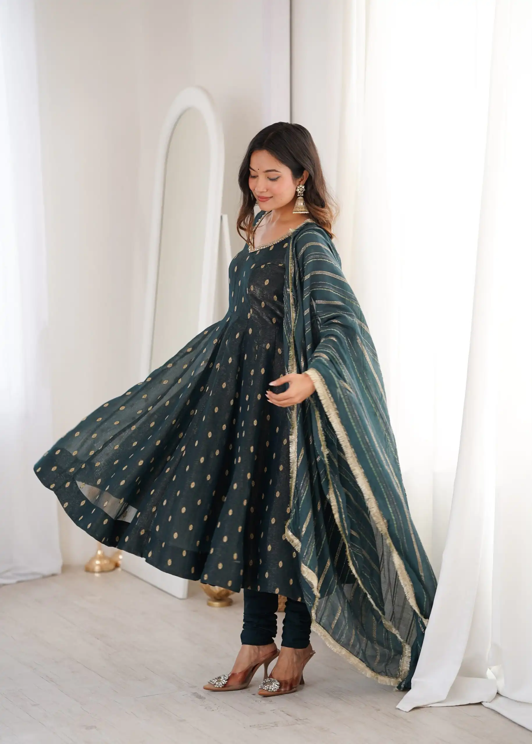 ZF 5021 Teal in Crunchy Silk Embroidery Work & Lace Work Gown . Special Price ₹2099. Delivery 4-6 Working Days. Shop now. | Bollywood Gowns, Creative Gowns, Designer Gowns, Embroidered Gowns, Gowns, Party Wear Gowns