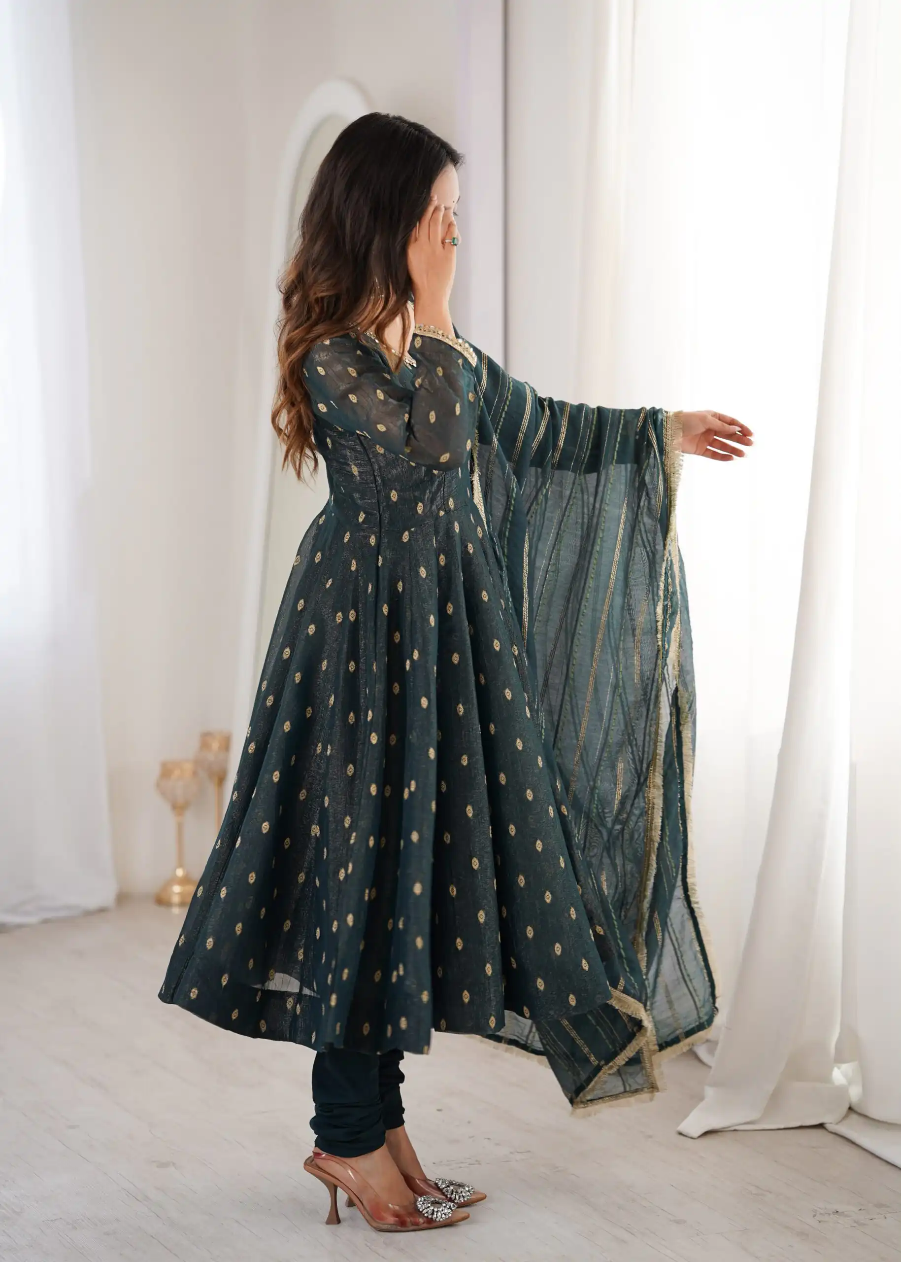 ZF 5021 Teal in Crunchy Silk Embroidery Work & Lace Work Gown . Special Price ₹2099. Delivery 4-6 Working Days. Shop now. | Bollywood Gowns, Creative Gowns, Designer Gowns, Embroidered Gowns, Gowns, Party Wear Gowns