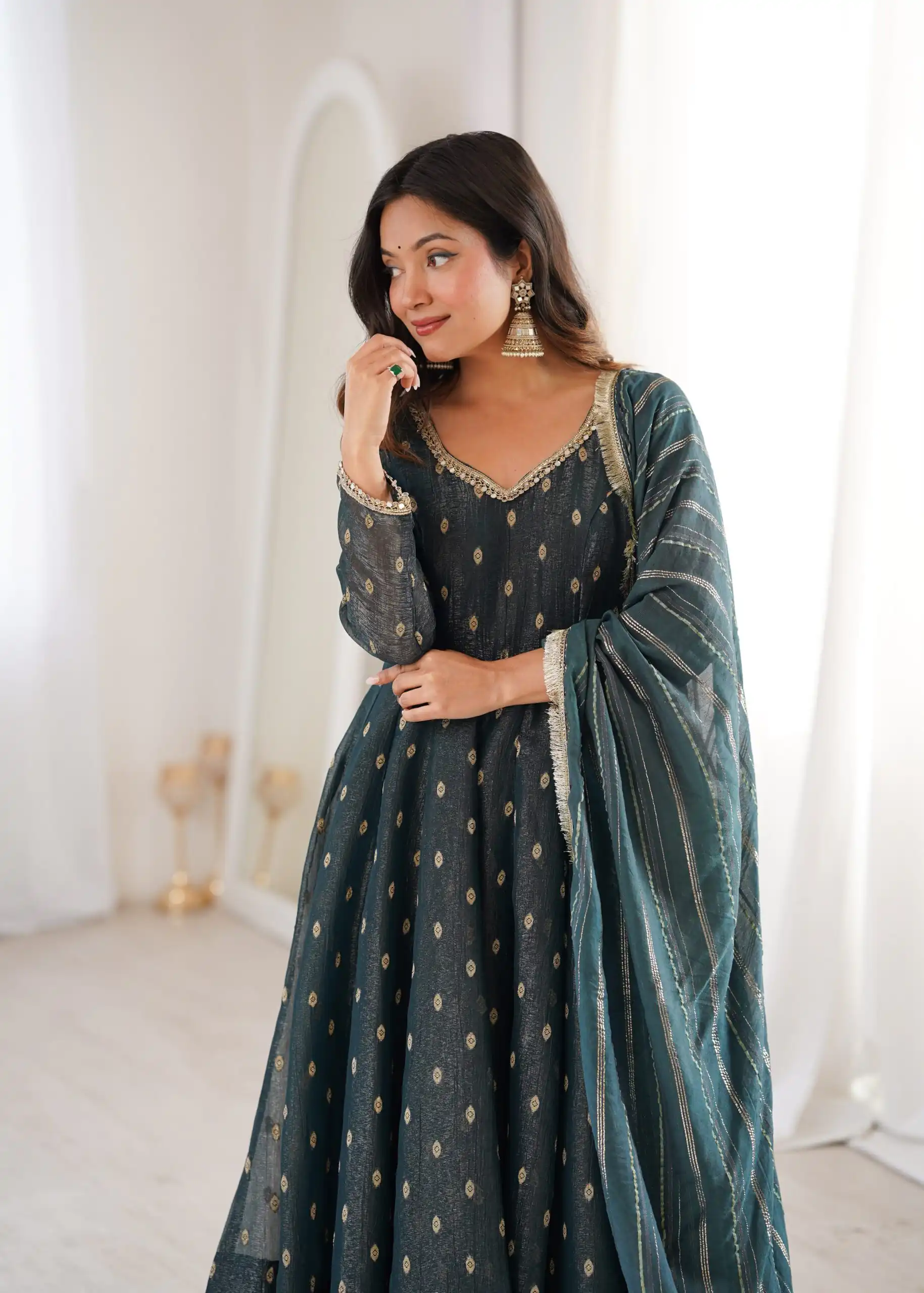 ZF 5021 Teal in Crunchy Silk Embroidery Work & Lace Work Gown . Special Price ₹2099. Delivery 4-6 Working Days. Shop now. | Bollywood Gowns, Creative Gowns, Designer Gowns, Embroidered Gowns, Gowns, Party Wear Gowns