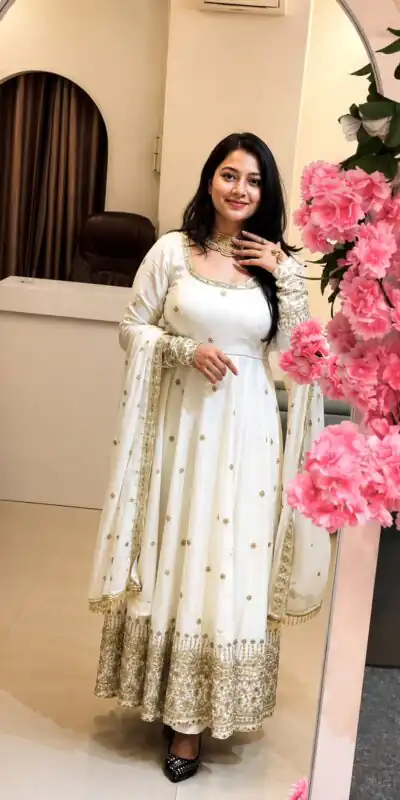 SSR 544 White in Crunchy Silk Embroidery Work & Lace Work Gown . Special Price ₹2399. Delivery 4-6 Working Days. Shop now. | Bollywood Gowns, Creative Gowns, Designer Gowns, Embroidered Gowns, Gowns, Party Wear Gowns