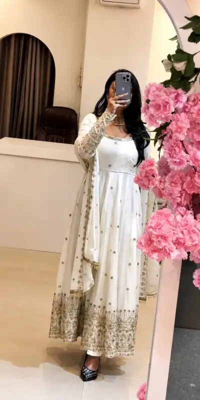 SSR 544 White in Crunchy Silk Embroidery Work & Lace Work Gown . Special Price ₹2399. Delivery 4-6 Working Days. Shop now. | Bollywood Gowns, Creative Gowns, Designer Gowns, Embroidered Gowns, Gowns, Party Wear Gowns