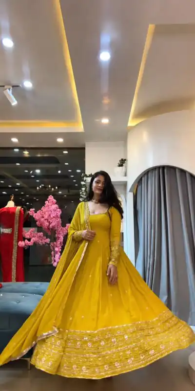 SSR 544 Yellow in Crunchy Silk Embroidery Work & Lace Work Gown . Special Price ₹2399. Delivery 4-6 Working Days. Shop now. | Bollywood Gowns, Creative Gowns, Designer Gowns, Embroidered Gowns, Gowns, Party Wear Gowns