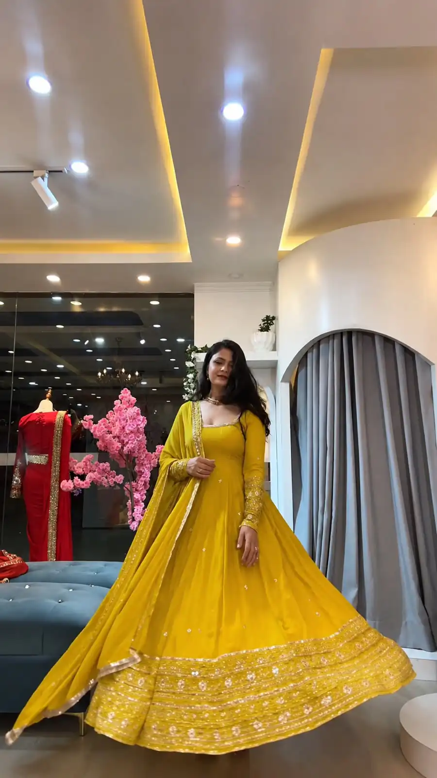 SSR 544 Yellow in Crunchy Silk Embroidery Work & Lace Work Gown . Special Price ₹2399. Delivery 4-6 Working Days. Shop now. | Bollywood Gowns, Creative Gowns, Designer Gowns, Embroidered Gowns, Gowns, Party Wear Gowns