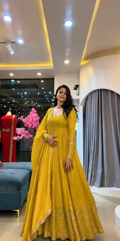 SSR 544 Yellow in Crunchy Silk Embroidery Work & Lace Work Gown . Special Price ₹2399. Delivery 4-6 Working Days. Shop now. | Bollywood Gowns, Creative Gowns, Designer Gowns, Embroidered Gowns, Gowns, Party Wear Gowns