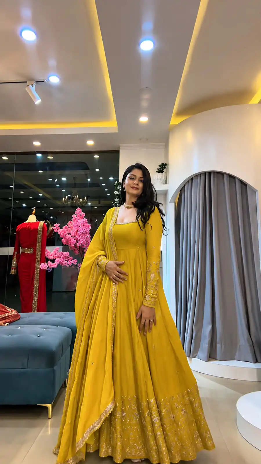 SSR 544 Yellow in Crunchy Silk Embroidery Work & Lace Work Gown . Special Price ₹2399. Delivery 4-6 Working Days. Shop now. | Bollywood Gowns, Creative Gowns, Designer Gowns, Embroidered Gowns, Gowns, Party Wear Gowns