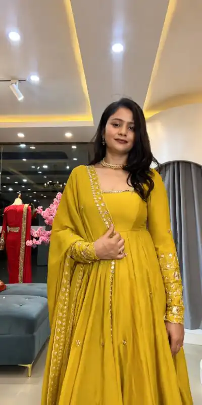 SSR 544 Yellow in Crunchy Silk Embroidery Work & Lace Work Gown . Special Price ₹2399. Delivery 4-6 Working Days. Shop now. | Bollywood Gowns, Creative Gowns, Designer Gowns, Embroidered Gowns, Gowns, Party Wear Gowns