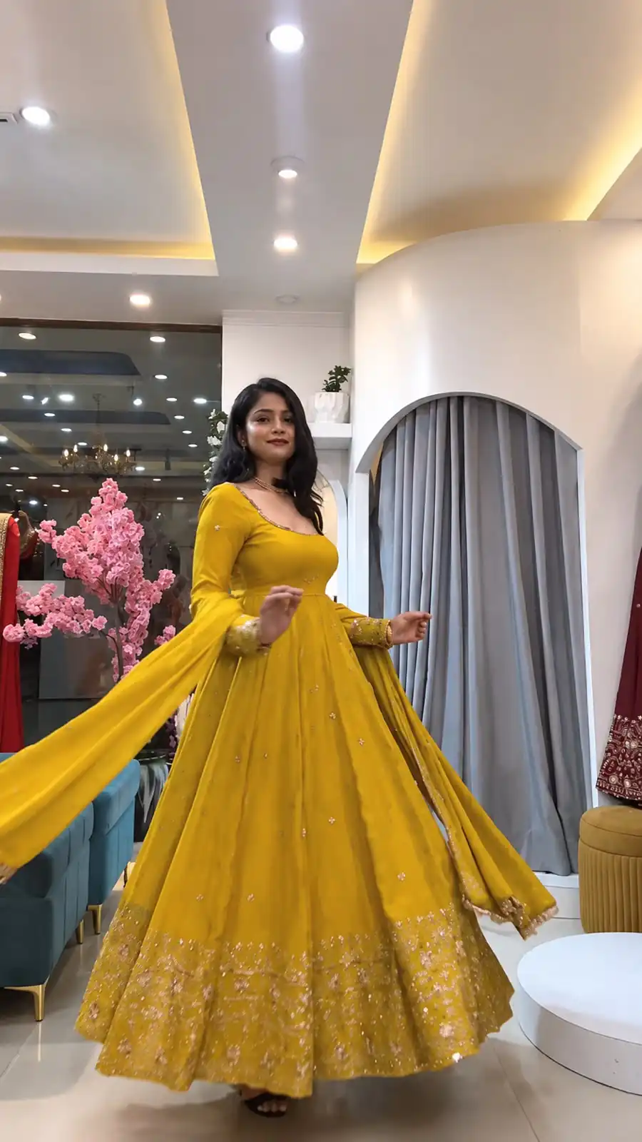SSR 544 Yellow in Crunchy Silk Embroidery Work & Lace Work Gown . Special Price ₹2399. Delivery 4-6 Working Days. Shop now. | Bollywood Gowns, Creative Gowns, Designer Gowns, Embroidered Gowns, Gowns, Party Wear Gowns