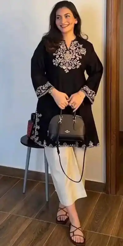 MF 1000 Black Colour Rayon Cotton Kurti with Embroidery Work. Introductory Price ₹1449. Delivery 4-6 Working Days. Shop now. | Bollywood Kurti, Creative Kurtis, Designer Kurti, Kurti, Party Wear Kurti, Selfie Kurti