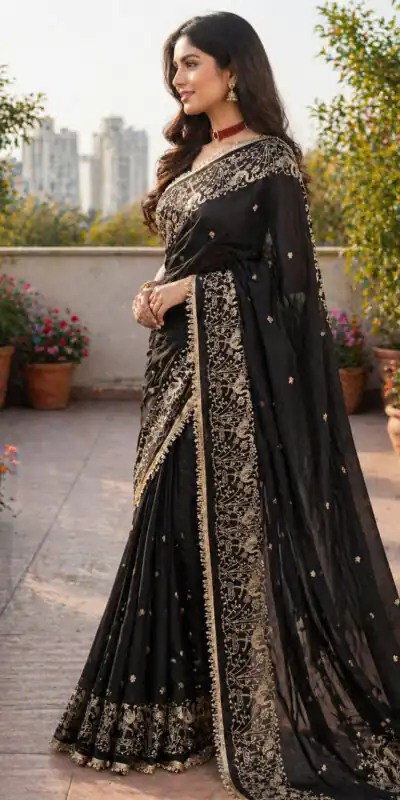 BT 446 Black Black Star Georgette Saree with Lace Work & Embroidery Work. Festive Deal ₹1799. Delivery 4-6 Working Days. Shop now. | Creative Sarees, Bollywood Sarees, Designer Sarees, Embroidered Sarees, Ethnic Saree, Modern Digital sarees, Party Wear Sarees, Sarees