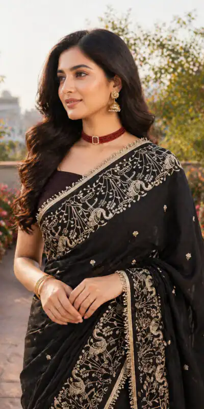 BT 446 Black Black Star Georgette Saree with Lace Work & Embroidery Work. Festive Deal ₹1799. Delivery 4-6 Working Days. Shop now. | Creative Sarees, Bollywood Sarees, Designer Sarees, Embroidered Sarees, Ethnic Saree, Modern Digital sarees, Party Wear Sarees, Sarees