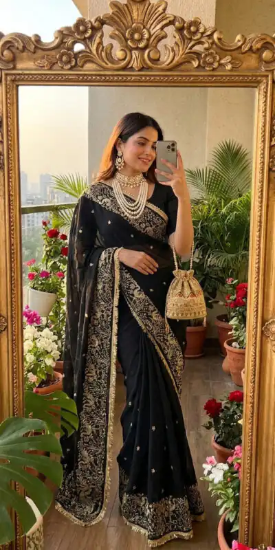 BT 446 Black Black Star Georgette Saree with Lace Work & Embroidery Work. Festive Deal ₹1799. Delivery 4-6 Working Days. Shop now. | Creative Sarees, Bollywood Sarees, Designer Sarees, Embroidered Sarees, Ethnic Saree, Modern Digital sarees, Party Wear Sarees, Sarees