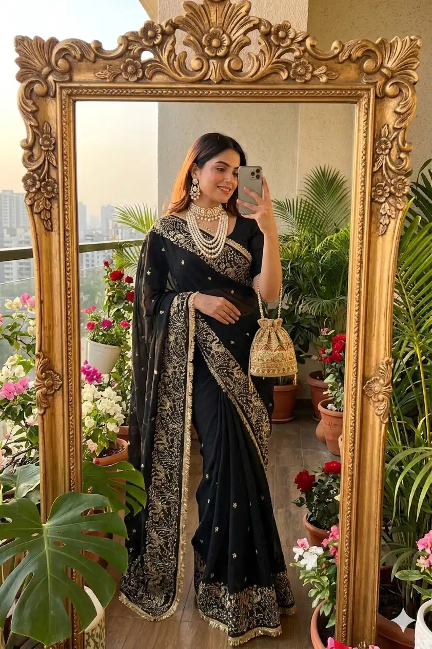 BT 446 Black Black Star Georgette Saree with Lace Work & Embroidery Work. Festive Deal ₹1799. Delivery 4-6 Working Days. Shop now. | Creative Sarees, Bollywood Sarees, Designer Sarees, Embroidered Sarees, Ethnic Saree, Modern Digital sarees, Party Wear Sarees, Sarees