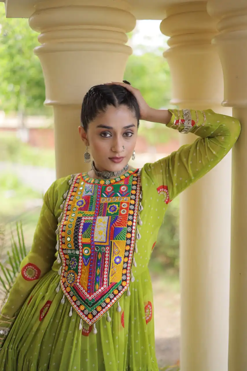 KA 1267 Green in Colour Faux Georgette Bandhani Print Work Gown. Available at ₹1919 only. Delivery 4-6 Working Days. Shop now. | Bollywood Gowns, Creative Gowns, Designer Gowns, Embroidered Gowns, Gowns, Party Wear Gowns