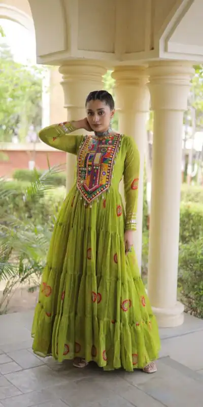 KA 1267 Green in Colour Faux Georgette Bandhani Print Work Gown. Available at ₹1919 only. Delivery 4-6 Working Days. Shop now. | Bollywood Gowns, Creative Gowns, Designer Gowns, Embroidered Gowns, Gowns, Party Wear Gowns