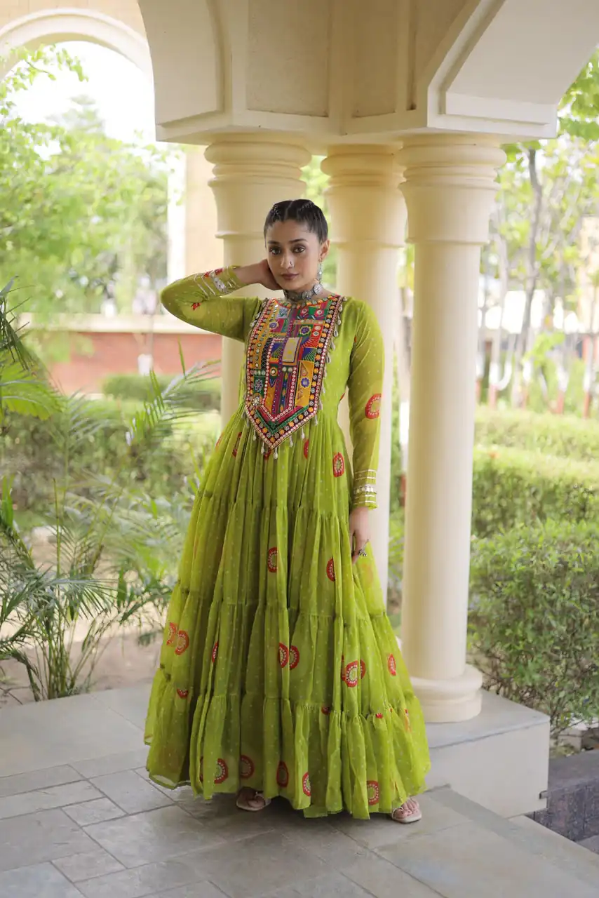 KA 1267 Green in Colour Faux Georgette Bandhani Print Work Gown. Available at ₹1919 only. Delivery 4-6 Working Days. Shop now. | Bollywood Gowns, Creative Gowns, Designer Gowns, Embroidered Gowns, Gowns, Party Wear Gowns