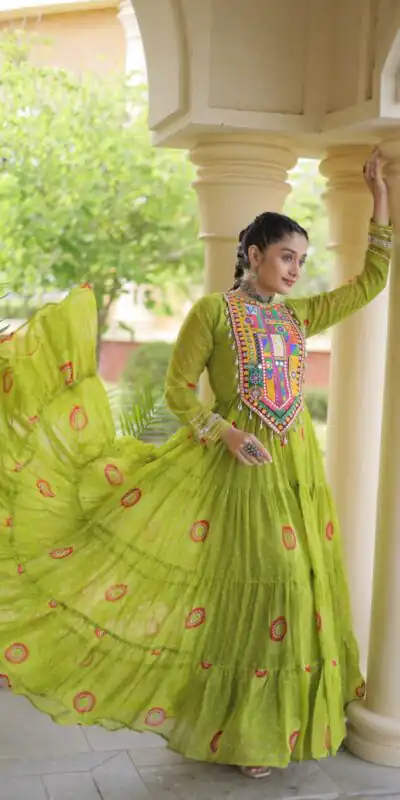 KA 1267 Green in Colour Faux Georgette Bandhani Print Work Gown. Available at ₹1919 only. Delivery 4-6 Working Days. Shop now. | Bollywood Gowns, Creative Gowns, Designer Gowns, Embroidered Gowns, Gowns, Party Wear Gowns