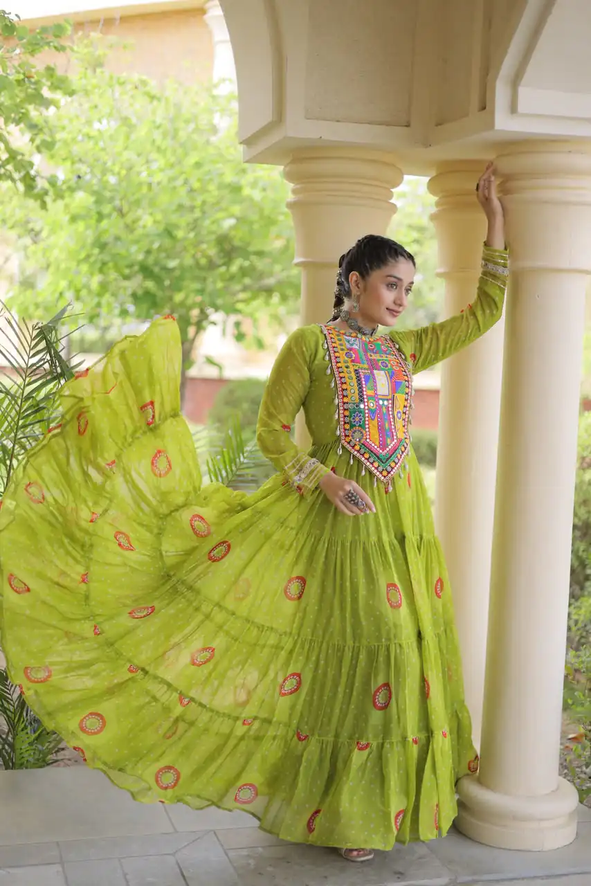 KA 1267 Green in Colour Faux Georgette Bandhani Print Work Gown. Available at ₹1919 only. Delivery 4-6 Working Days. Shop now. | Bollywood Gowns, Creative Gowns, Designer Gowns, Embroidered Gowns, Gowns, Party Wear Gowns