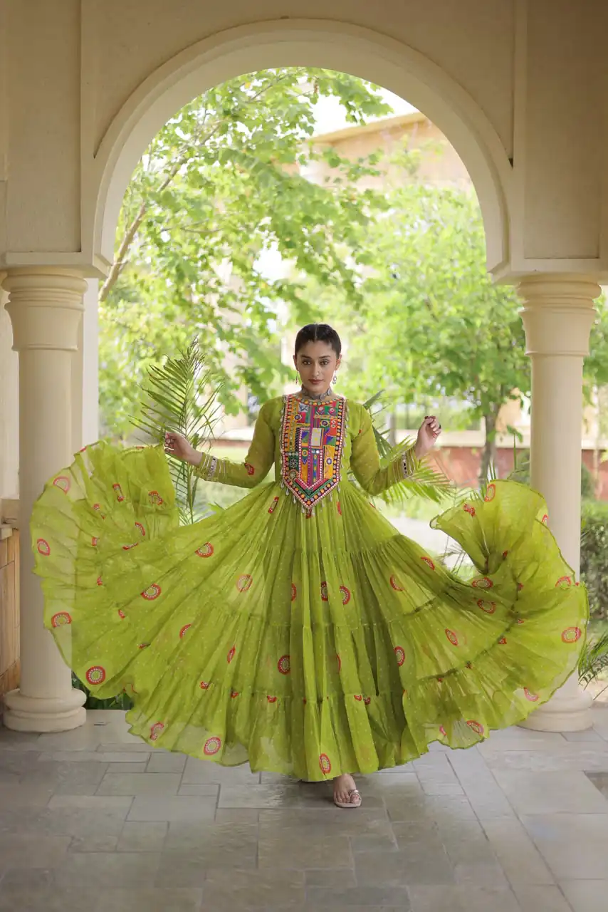 KA 1267 Green in Colour Faux Georgette Bandhani Print Work Gown. Available at ₹1919 only. Delivery 4-6 Working Days. Shop now. | Bollywood Gowns, Creative Gowns, Designer Gowns, Embroidered Gowns, Gowns, Party Wear Gowns