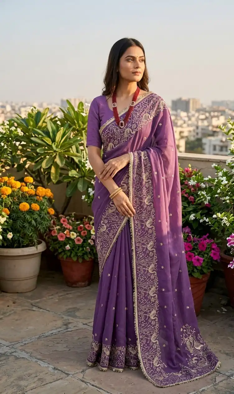BT 446 Lavender Star Georgette Saree with Lace Work & Embroidery Work. Festive Deal ₹1799. Delivery 4-6 Working Days. Shop now. | Creative Sarees, Bollywood Sarees, Designer Sarees, Embroidered Sarees, Ethnic Saree, Modern Digital sarees, Party Wear Sarees, Sarees