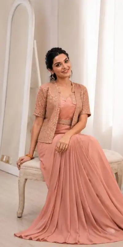 BB 72 Peach Crap Silk Saree with Sequins Work & Embroidery Work. Festive Deal ₹2399. Delivery 4-6 Working Days. Shop now. | Creative Sarees, Bollywood Sarees, Designer Sarees, Embroidered Sarees, Ethnic Saree, Modern Digital sarees, Party Wear Sarees, Sarees