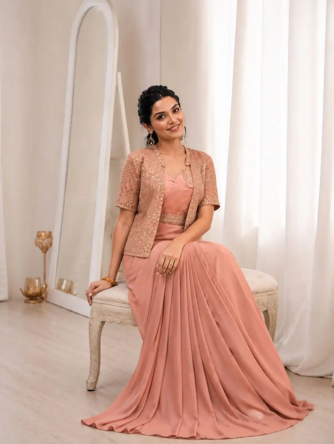 BB 72 Peach Crap Silk Saree with Sequins Work & Embroidery Work. Festive Deal ₹2399. Delivery 4-6 Working Days. Shop now. | Creative Sarees, Bollywood Sarees, Designer Sarees, Embroidered Sarees, Ethnic Saree, Modern Digital sarees, Party Wear Sarees, Sarees