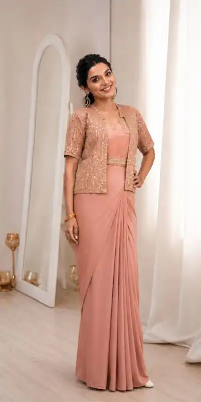 BB 72 Peach Crap Silk Saree with Sequins Work & Embroidery Work. Festive Deal ₹2399. Delivery 4-6 Working Days. Shop now. | Creative Sarees, Bollywood Sarees, Designer Sarees, Embroidered Sarees, Ethnic Saree, Modern Digital sarees, Party Wear Sarees, Sarees