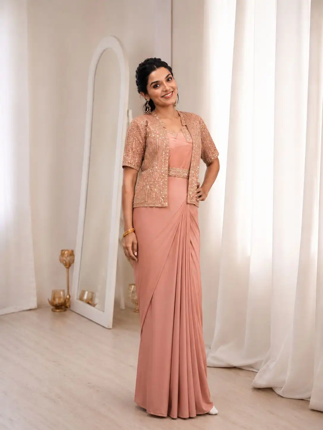 BB 72 Peach Crap Silk Saree with Sequins Work & Embroidery Work. Festive Deal ₹2399. Delivery 4-6 Working Days. Shop now. | Creative Sarees, Bollywood Sarees, Designer Sarees, Embroidered Sarees, Ethnic Saree, Modern Digital sarees, Party Wear Sarees, Sarees