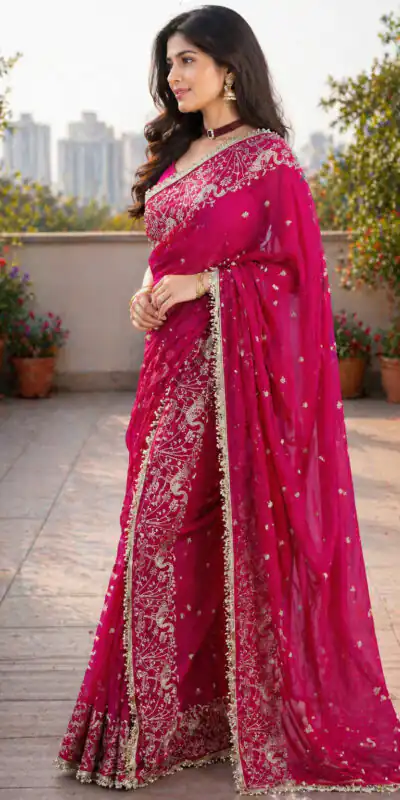 BT 446 Pink Star Georgette Saree with Lace Work & Embroidery Work. Festive Deal ₹1799. Delivery 4-6 Working Days. Shop now. | Creative Sarees, Bollywood Sarees, Designer Sarees, Embroidered Sarees, Ethnic Saree, Modern Digital sarees, Party Wear Sarees, Sarees