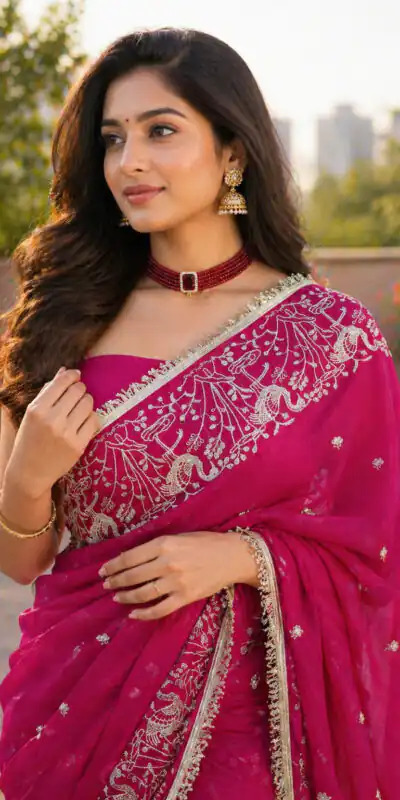 BT 446 Pink Star Georgette Saree with Lace Work & Embroidery Work. Festive Deal ₹1799. Delivery 4-6 Working Days. Shop now. | Creative Sarees, Bollywood Sarees, Designer Sarees, Embroidered Sarees, Ethnic Saree, Modern Digital sarees, Party Wear Sarees, Sarees