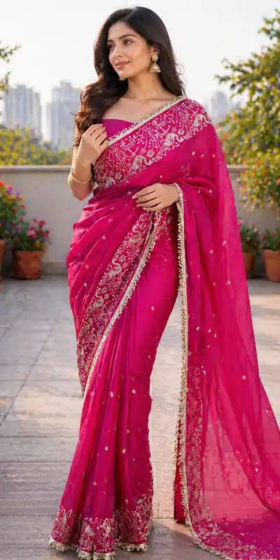 BT 446 Pink Star Georgette Saree with Lace Work & Embroidery Work. Festive Deal ₹1799. Delivery 4-6 Working Days. Shop now. | Creative Sarees, Bollywood Sarees, Designer Sarees, Embroidered Sarees, Ethnic Saree, Modern Digital sarees, Party Wear Sarees, Sarees