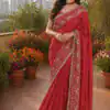 BT 446 Red Star Georgette Saree with Lace Work & Embroidery Work. Festive Deal ₹1799. Delivery 4-6 Working Days. Shop now. | Creative Sarees, Bollywood Sarees, Designer Sarees, Embroidered Sarees, Ethnic Saree, Modern Digital sarees, Party Wear Sarees, Sarees