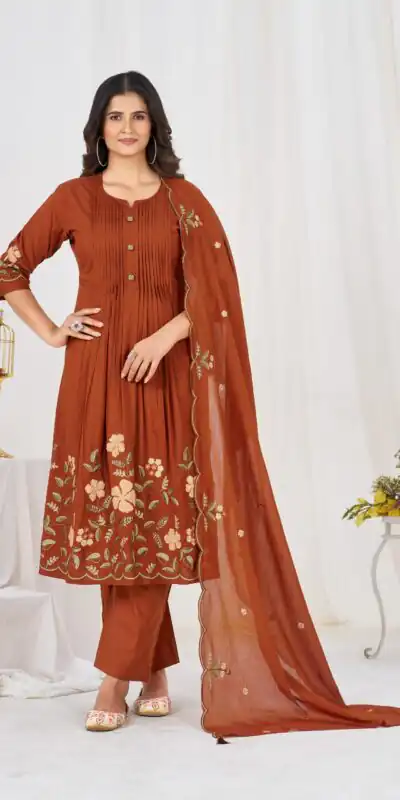 DIVA 159 Rust with Embroidery Work & Cut Work Brown Pure Cotton Salwar Suit . Exclusive Offer ₹2499. Delivery 4-6 Working Days. Shop now. | Casual Suits, Jump Suits, Creative suits, Designer Suits, Palazzo Suits, Party Wear Suits, Patiala Suits, Salwar suit, Straight Suits