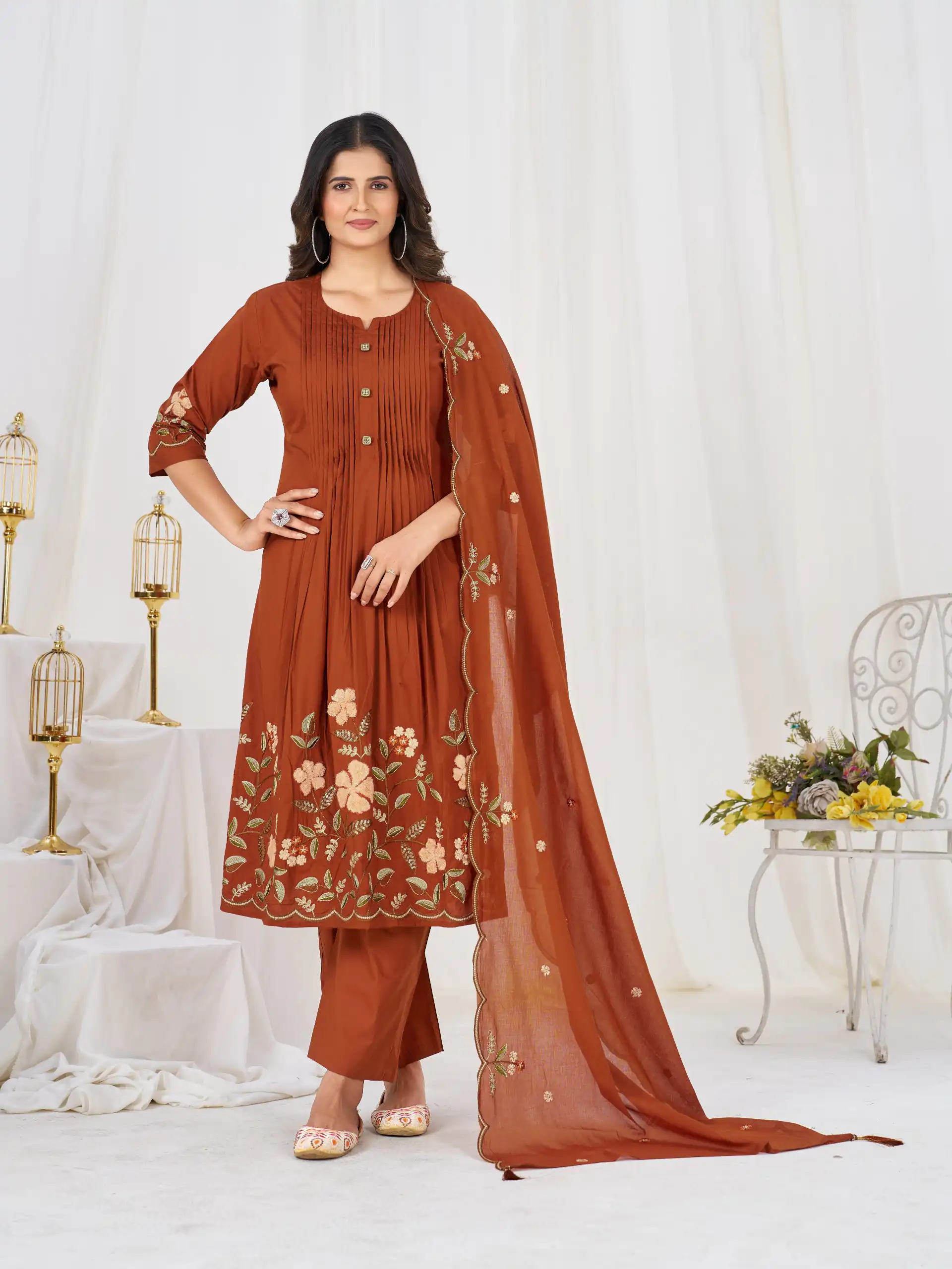 DIVA 159 Rust with Embroidery Work & Cut Work Brown Pure Cotton Salwar Suit . Exclusive Offer ₹2499. Delivery 4-6 Working Days. Shop now. | Casual Suits, Jump Suits, Creative suits, Designer Suits, Palazzo Suits, Party Wear Suits, Patiala Suits, Salwar suit, Straight Suits
