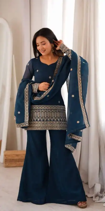 KB 309 Teal Blue | Teal Blue Crunchy Silk Salwar Suit with Sequins Work & Embroidery Work. Grab it for ₹2049. Delivery 4-6 Working Days. Shop now. | Casual Suits, Jump Suits, Creative suits, Designer Suits, Palazzo Suits, Party Wear Suits, Patiala Suits, Salwar suit, Straight Suits