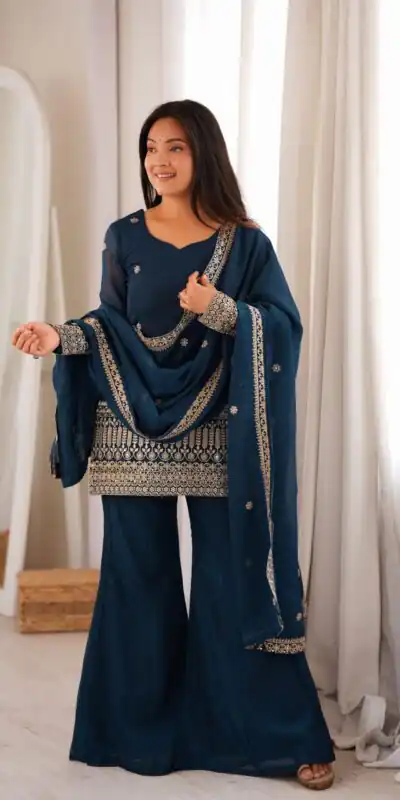 KB 309 Teal Blue | Teal Blue Crunchy Silk Salwar Suit with Sequins Work & Embroidery Work. Grab it for ₹2049. Delivery 4-6 Working Days. Shop now. | Casual Suits, Jump Suits, Creative suits, Designer Suits, Palazzo Suits, Party Wear Suits, Patiala Suits, Salwar suit, Straight Suits