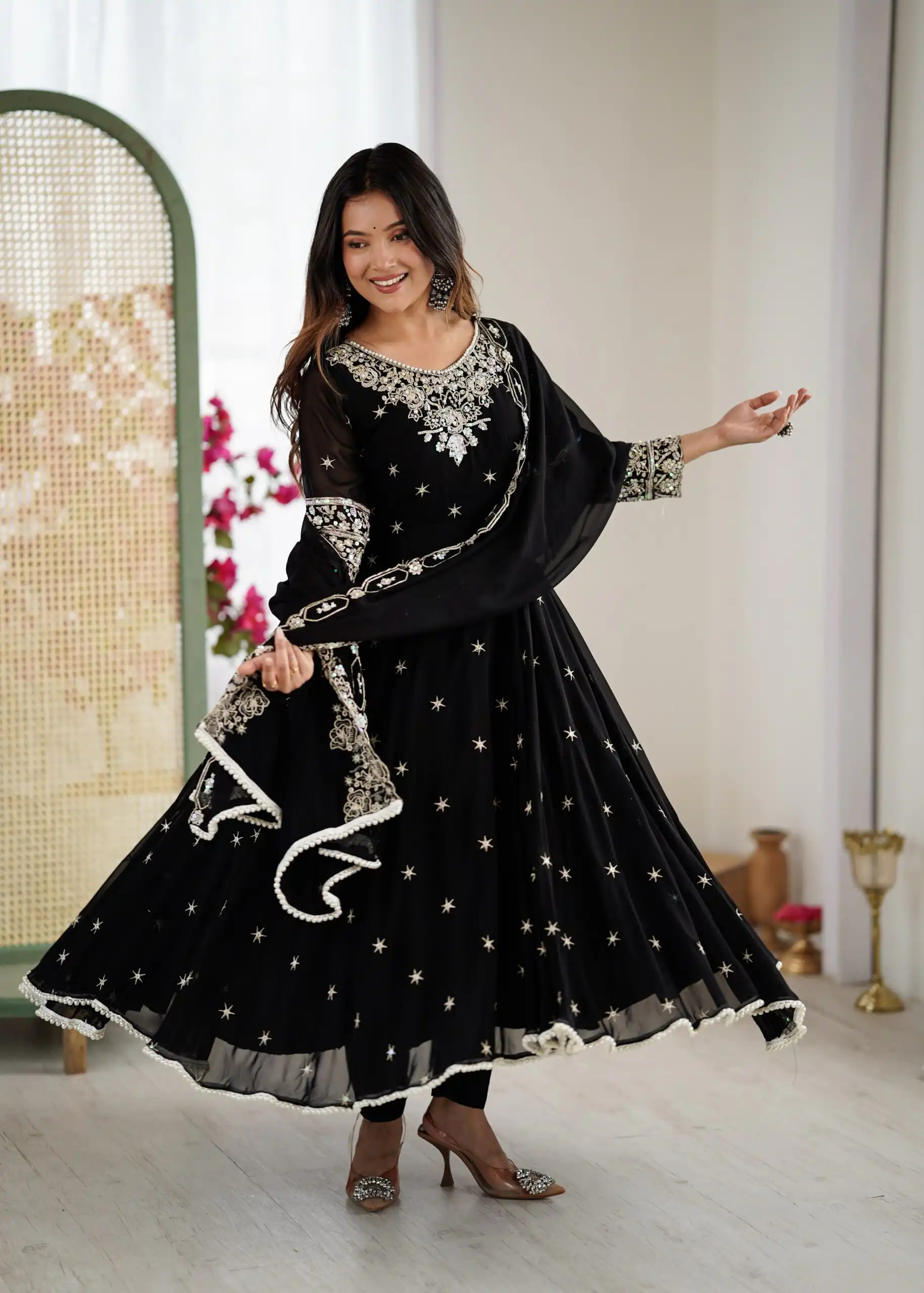 ZF 5012 Black Blooming Faux Gown with Embroidery Work. Wedding, Party, Festive, Events Grab it for ₹2149. Delivery 4-6 Working Days. Shop now. | Anarkali Suits, Bollywood Anarkali, Creative-Anarkali, Designer Anarkali, Embroidered Anarkali, Party Wear Anarkali