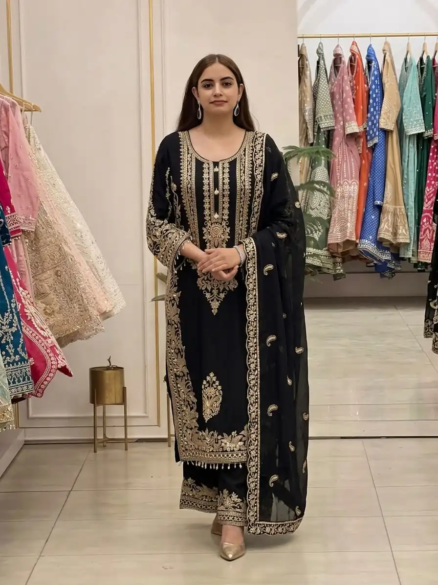 SR 1716 Black Colour Faux Georgette Salwar Suit with Lace Work. Introductory Price ₹2449. Delivery 4-6 Working Days. Shop now. | Casual Suits, Jump Suits, Creative suits, Designer Suits, Palazzo Suits, Party Wear Suits, Patiala Suits, Salwar suit, Straight Suits