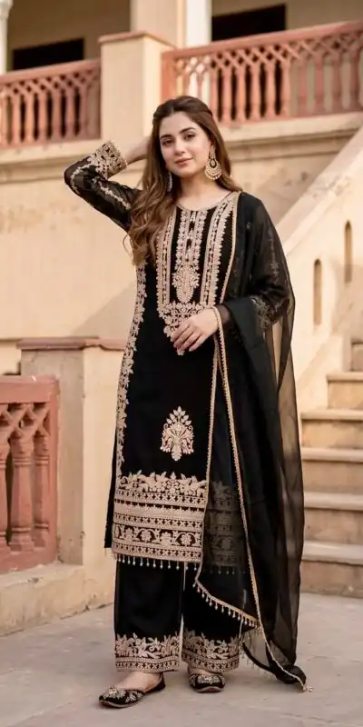 ST 247 Black | Black Faux Georgette Salwar Suit with Lace Work. Introductory Price ₹2449. Delivery 4-6 Working Days. Shop now. | Casual Suits, Jump Suits, Creative suits, Designer Suits, Palazzo Suits, Party Wear Suits, Patiala Suits, Salwar suit, Straight Suits