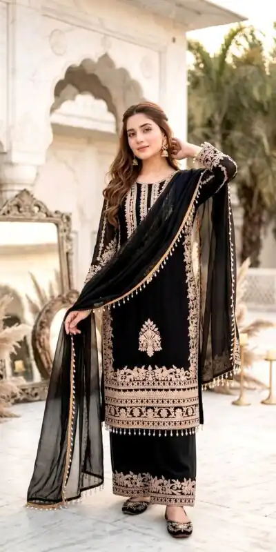 ST 247 Black | Black Faux Georgette Salwar Suit with Lace Work. Introductory Price ₹2449. Delivery 4-6 Working Days. Shop now. | Casual Suits, Jump Suits, Creative suits, Designer Suits, Palazzo Suits, Party Wear Suits, Patiala Suits, Salwar suit, Straight Suits