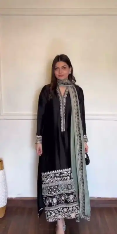 KD 1632 Black | Glass Salwar Suit with Thread Embroidery & Embroidery Work. Get it for ₹2449. Delivery 4-6 Working Days. Shop now. | Casual Suits, Jump Suits, Creative suits, Designer Suits, Palazzo Suits, Party Wear Suits, Patiala Suits, Salwar suit, Straight Suits