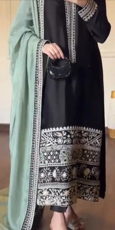 KD 1632 Black | Glass Salwar Suit with Thread Embroidery & Embroidery Work. Get it for ₹2449. Delivery 4-6 Working Days. Shop now. | Casual Suits, Jump Suits, Creative suits, Designer Suits, Palazzo Suits, Party Wear Suits, Patiala Suits, Salwar suit, Straight Suits
