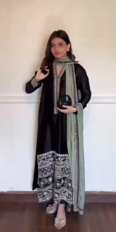KD 1632 Black | Glass Salwar Suit with Thread Embroidery & Embroidery Work. Get it for ₹2449. Delivery 4-6 Working Days. Shop now. | Casual Suits, Jump Suits, Creative suits, Designer Suits, Palazzo Suits, Party Wear Suits, Patiala Suits, Salwar suit, Straight Suits