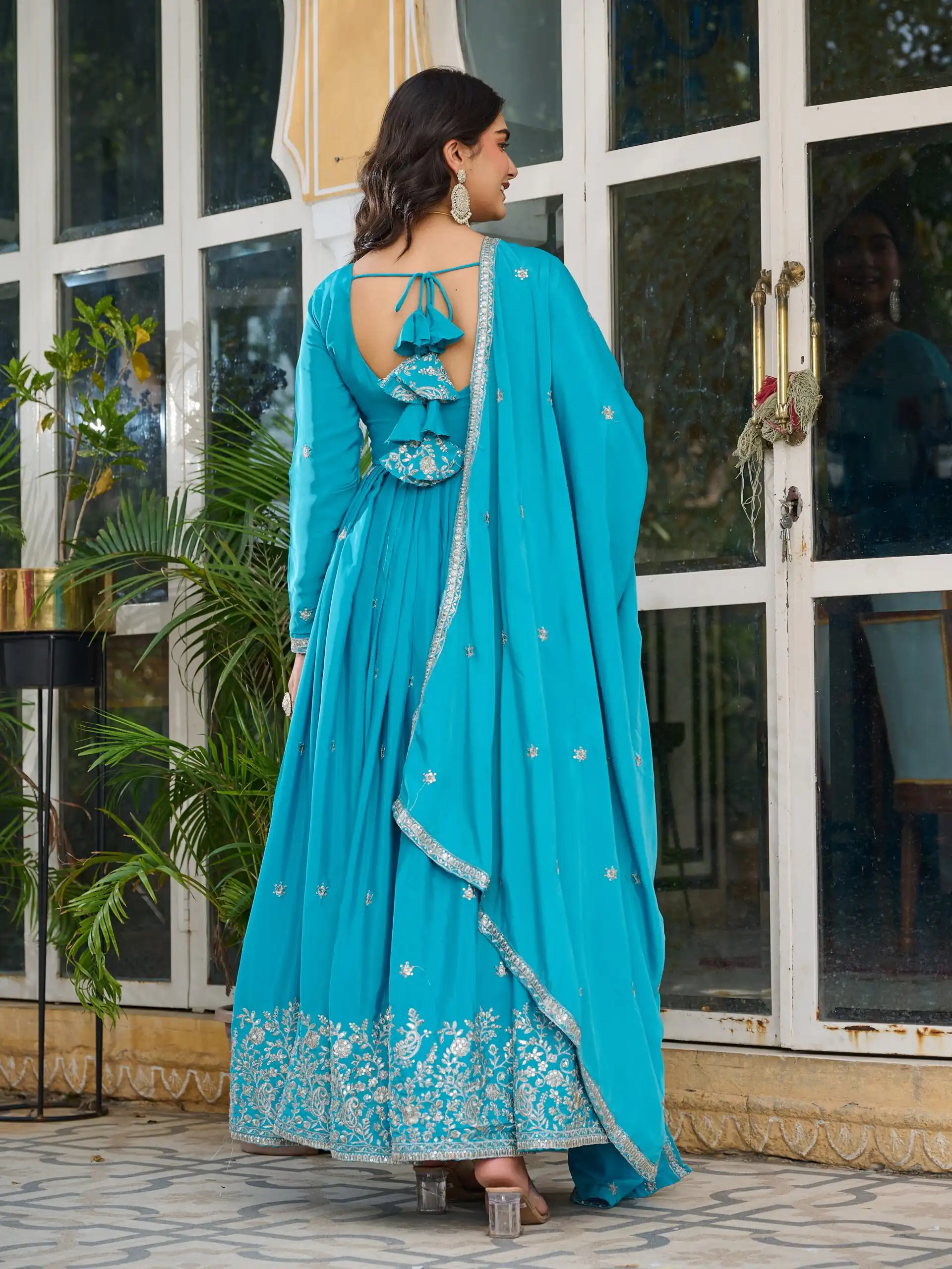 SP 08 Blue Color American Silk Gown with Designer Work. Exclusive Offer ₹2149. Delivery 4-6 Working Days. Online Shop now. | Bollywood Gowns, Creative Gowns, Designer Gowns, Embroidered Gowns, Gowns, Party Wear Gowns