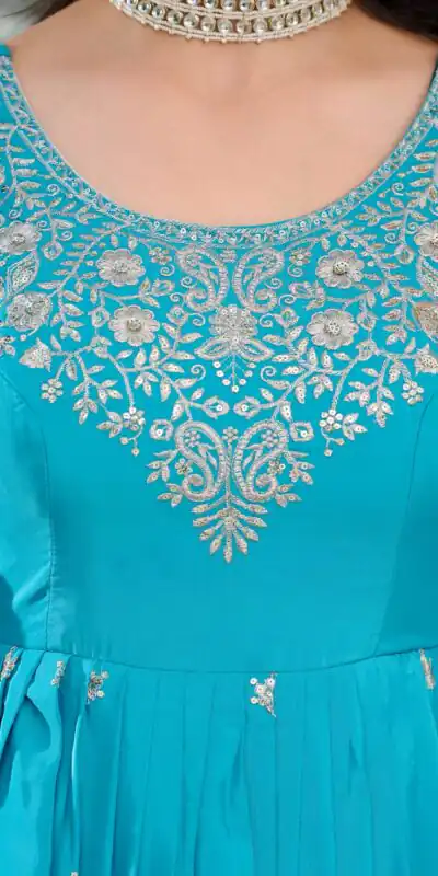 SP 08 Blue Color American Silk Gown with Designer Work. Exclusive Offer ₹2149. Delivery 4-6 Working Days. Online Shop now. | Bollywood Gowns, Creative Gowns, Designer Gowns, Embroidered Gowns, Gowns, Party Wear Gowns