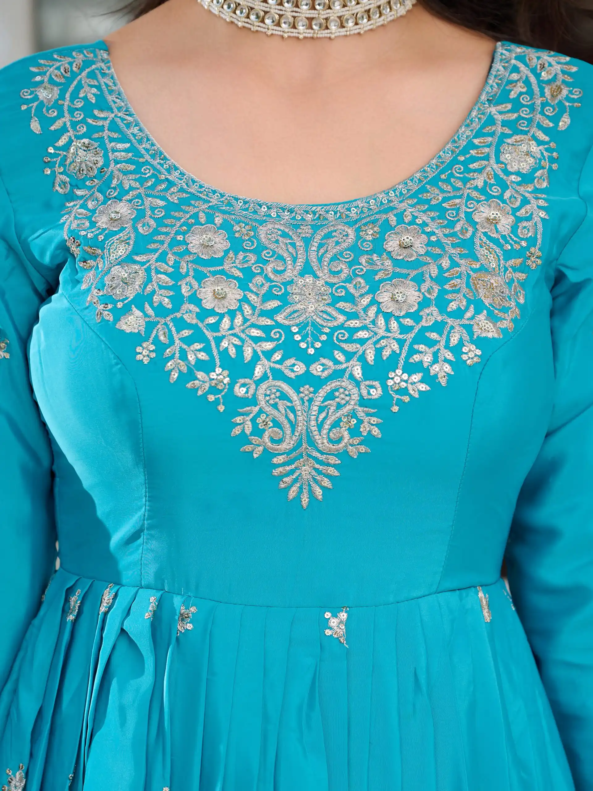 SP 08 Blue Color American Silk Gown with Designer Work. Exclusive Offer ₹2149. Delivery 4-6 Working Days. Online Shop now. | Bollywood Gowns, Creative Gowns, Designer Gowns, Embroidered Gowns, Gowns, Party Wear Gowns